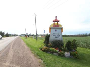 The Welcome to Grand Bend sign on Grand Bend Line. August 9, 2018. (Photo by Colin Gowdy, BlackburnNews)