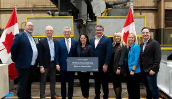 Rechie Valdez (centre), Minister of Women and Gender Equality and Secretary of State (Small Business and Tourism), announces a Buy Canadian initiative at Anchor Danly in Windsor, November 10, 2025. Submitted photo.
