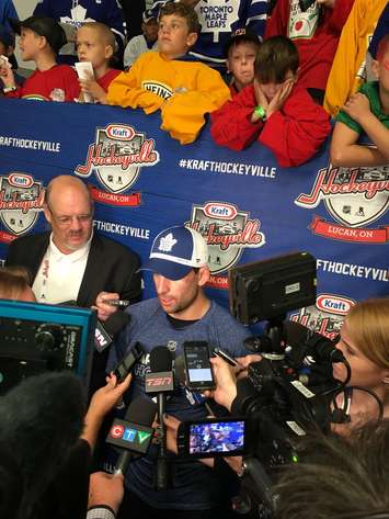 John Tavares settles in to talk with the media in Lucan. (Photo by Ryan Drury)