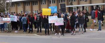 Students walk out of class at Chatham-Kent Secondary in protest of changes being made to education by the Ford government. April 4, 2019. (Photo by Greg Higgins)