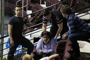 A mass casualty simulation is staged at Sarnia's Progressive Auto Sales Arena for Lambton College students. April 13, 2017 BlackburnNews.com photo by Meghan Bond.