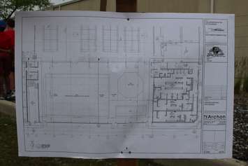 Blue prints for a new community pool, being built onto the WFCU Centre in Windsor are displayed at its ground breaking ceremony, July 7, 2015. (Photo by Mike Vlasveld)