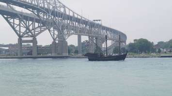Columbus replica ships pass underneath the Blue Water Bridge June 30, 2015 (BlackburnNews.com Photo by Briana Carnegie)