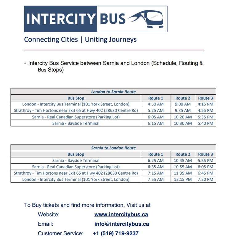 Intercity Bus schedule Sarnia to London. (Photo courtesy of Intercity Bus)