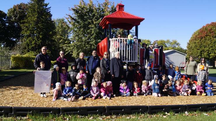 Students, staff and members of Seaway Kiwanis at the new playground at King Georg VI School, Oct. 17, 2024 (Photo by: Lindsay Newman/ Blackburn Media)