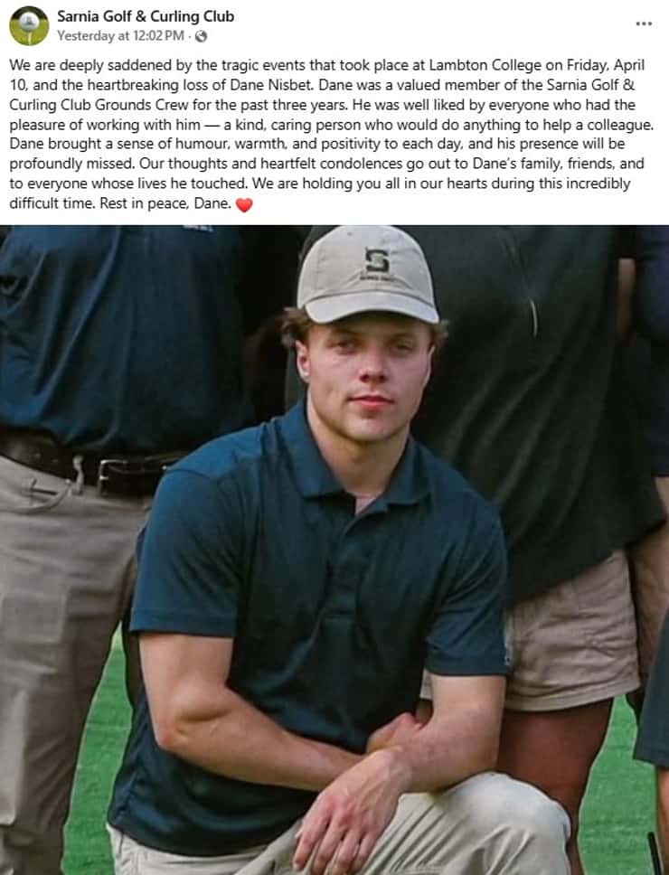Facebook post about Dane Nisbet. (Screenshot from Sarnia Golf & Curling Club's Facebook page)
