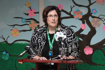 John McGivney Children's Centre Chief Executive Officer Elaine Whitmore speaks at the launch of a newly redesigned program, August 20, 2015. (Photo by Mike Vlasveld)