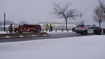 Pt. Edward Fire and Rescue, EMS and OPP investigate a person possibly jumping from the Blue Water Bridge. February 9, 2016 (BlackburnNews.com Photo by Briana Carnegie)
