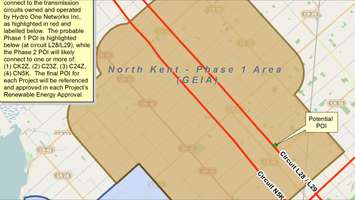 A map outlining Phase 1 of the proposed North Kent Wind Project. (Photo courtesy the Municipality of Chatham-Kent)