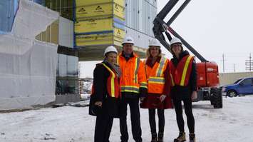 (From L to R) VP of Finance and Administration Margaret Dragan, Director of Facilities Management Brent Thomas, President Judith Morris and Director of Marketing and Communications Cindy Buchanan show off the construction of new buildings at Lambton College. December 15, 2017 (Photo by Melanie Irwin)