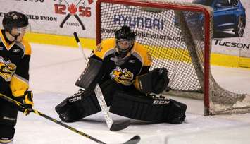 Puck eludes Anthony Bertucca at Sting Orientation Camp May 21, 2016 (BlackburnNews.com photo by Dave Dentinger)