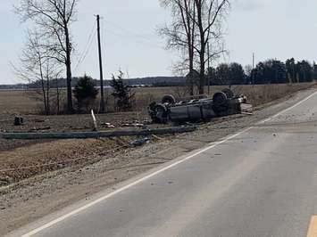 A single vehicle rollover on Mandaumin Road between Bentpath Line and Burman Line. 5 March 2020. (Photo by Lambton OPP)