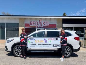 Fenwick Subaru presenting St. Clair Child and Youth Services with a cheque for $3,000. May 2020. (Submitted photo)