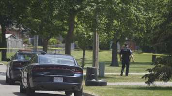 Sarnia Police tape-off a section of Montrose Street.  1 June 2021.  (BlackburnNews.com photo)