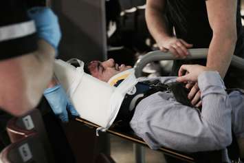 A mass casualty simulation is staged at Sarnia's Progressive Auto Sales Arena for Lambton College students. April 13, 2017 BlackburnNews.com photo by Meghan Bond.