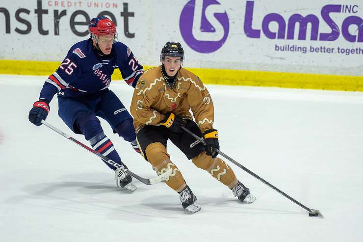 Oshawa at Sarnia Sting Dec 10, 2023. Photo by Metcalfe Photography. 