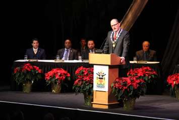 Mayor Drew Dilkens delivers his address at Windsor Council's inaugural council meeting, December 1, 2014. (photo by Mike Vlasveld)