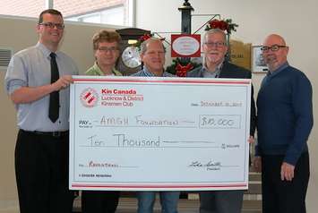 Members of the Lucknow Kinsmen: (L-R) Joe Carter, Paul Zinn and Ian Hackett present the cheque to AMGH Foundation Chair, Myles Murdock, and Andy Moore, Executive Director of Fundraising. 