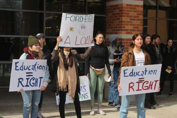 University of Windsor students participate in a rally coinciding with a walkout to protest planned OSAP cuts at the CAW Student Centre, March 20, 2019. Photo by Mark Brown/Blackburn News.