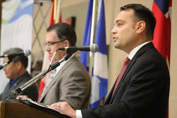 Liberal David Sundin, right, NDP Brian Masse and Conservative Henry Lau, left, speak about Windsor West at a debate, September 30, 2015. (Photo by Jason Viau)