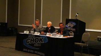 Three local federal candidates at Wednesday's debate streamed live on CHOK.  Conservative candidate Marilyn Gladu was absent due to health reasons. October 7, 2015 (BlackburnNews.com Photo by Dave Dentinger)