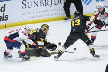 The Sarnia Sting battling the Windsor Spitfires in Game 4 of a first round playoff series.  April 29, 2022 (Metcalfe Photography)