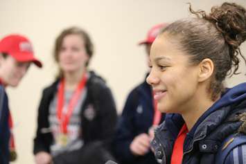 Windsor Lancers women's basketball team arrives at Windsor airport after winning their fifth-straight national championship. (Photo by Jason Viau)