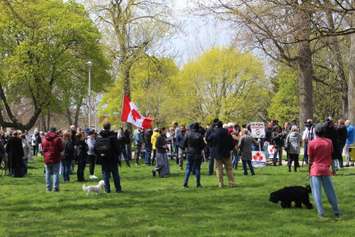 A No More Lockdowns Canada rally at Tecumseh Park in Chatham. April 26, 2021. (Photo by Matt Weverink)