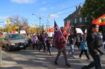 Hundreds of people in London march in solidarity with those in North Dakota fighting an oil pipeline, November 9, 2016. (Photo by Miranda Chant, Blackburn News.)