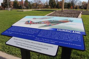Signage of the Hurricane at the Jackson Park Spitfire and Hurricane Memorial in Windsor, seen on November 18, 2016. (Photo by Ricardo Veneza)