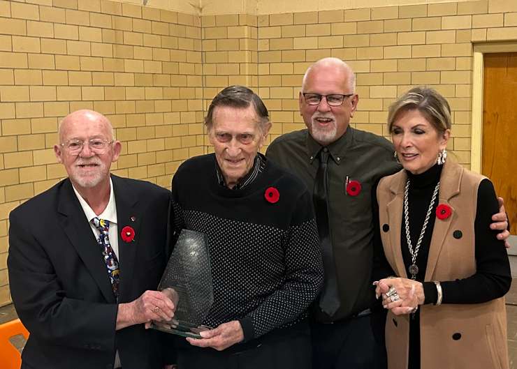 The Chatham Goodfellows' 2024 Lifetime Achievement award is handed out to Ron White. (From left: Fred Osmon, Ron White, Chatham Goodfellows President Craig Williston, Sherry White)