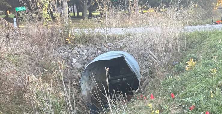 The scene after a pickup truck crashed into a culvert on Charing Cross Road. October 24, 2024. (Photo courtesy of Lis Kilgour)