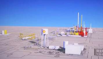 A visual rendering of SO2 upgrades planned at Shell's Sarnia Manufacturing Centre in Corunna. Red images represent infrastructure to be demolished, white represents existing infrastructure and yellow represents new infrastructure. Image shared by Shell during St. Clair Township council meeting. October 20, 2025.