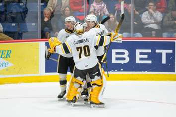 The Sarnia Sting taking on the Guelph Storm in Game 3 of the opening round playoff series. 4 April 2023. (Metcalfe Photography)