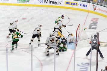 The Sarnia Sting taking on the London Knights in Game 2 of the OHL Western Conference final. 30 April 2023. (Metcalfe Photography)