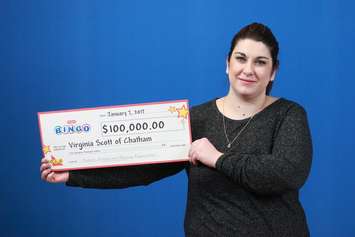 Chatham resident Virginia Scott takes home a big cheque from the OLG, after winning with Instant Bingo Doubler. (Photo courtesy of OLG)
