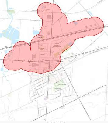 Area of a planned power outage in Tilbury for November 24, 2019. (Photo courtesy of Entegrus)
