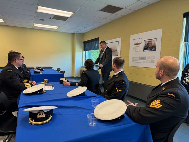 Lambton College President and CEO Rob Kardas speaks at a classroom dedication to HMCS Sarnia. May 9, 2024 Blackburn Media photo by Melanie Irwin.