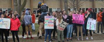 Students walk out of class at Chatham-Kent Secondary in protest of changes being made to education by the Ford government. April 4, 2019. (Photo by Greg Higgins)