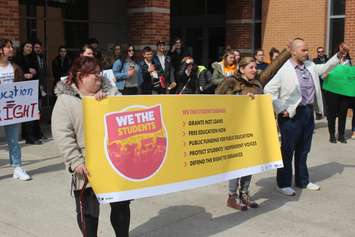 University of Windsor students participate in a rally coinciding with a walkout to protest planned OSAP cuts at the CAW Student Centre, March 20, 2019. Photo by Mark Brown/Blackburn News.