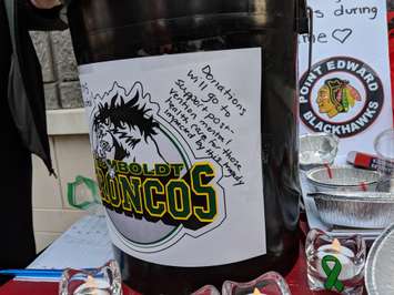 A donation box for the Humboldt Broncos - Apr 9/18 (Blackburnnews.com Photo By Josh Boyce)