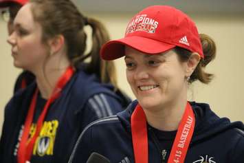 Windsor Lancers women's basketball head coach Chantal Vallee arrives at Windsor airport after winning a fifth-straight national championship. (Photo by Jason Viau)