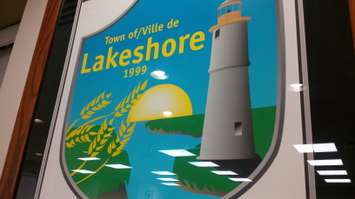 The Town of Lakeshore crest sits behind the council table at the municipal building in Belle River. (Photo by Ricardo Veneza)