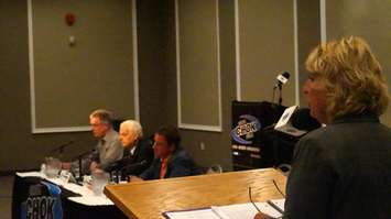 Moderator Sue Storr and three local federal candidates at Wednesday's debate streamed live on CHOK. October 7, 2015 (BlackburnNews.com Photo by Dave Dentinger)