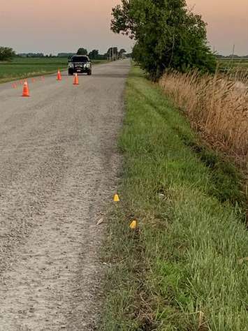 The scene after a fatal single-vehicle crash on Jacob Road in Chatham-Kent. July 27, 2020. (Photo courtesy of Chatham-Kent police.)