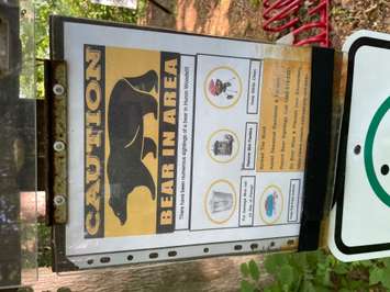 A sign posted in the Huron Woods community in Grand Bend cautions that a bear is in the area. June, 2021. Photo by Erik Nyman