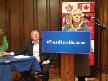 MPP Michael Harris and President of Alpha-1 Canada Mimi McPhedran discuss the challenges people with rare disease face getting treatment in Ontario, January 27, 2016. (Photo by Maureen Revait)
