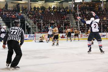 Windsor scores a goal against Sarnia. December 11, 2015. (Photo by Metcalfe Photography)