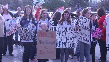 A rally outside Windsor Minor Hockey Association AGM after Dean Lapierre is reinstated as president, April 18, 2017. Photo by Maureen Revait) 