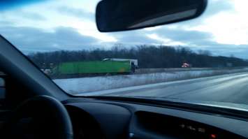 Transport truck in the ditch of Hwy 402. April 8, 2016. submitted photo